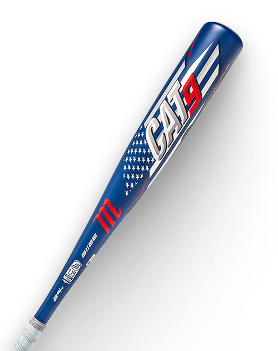 Blue Marucci CAT9 baseball bat with BBCOR, 2 5/8, AZR, S-40, AZ105, ALLOY text.